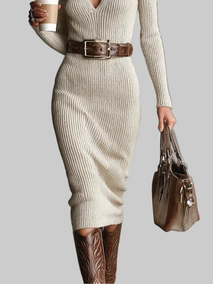 Women's Ribbed Knit V-Neck Collared Midi Dress