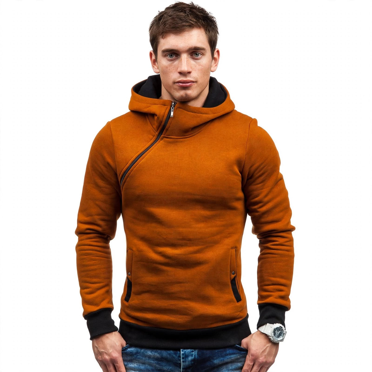 Jasper Denholm | Oblique Zip Hoodie in Burnt Orange