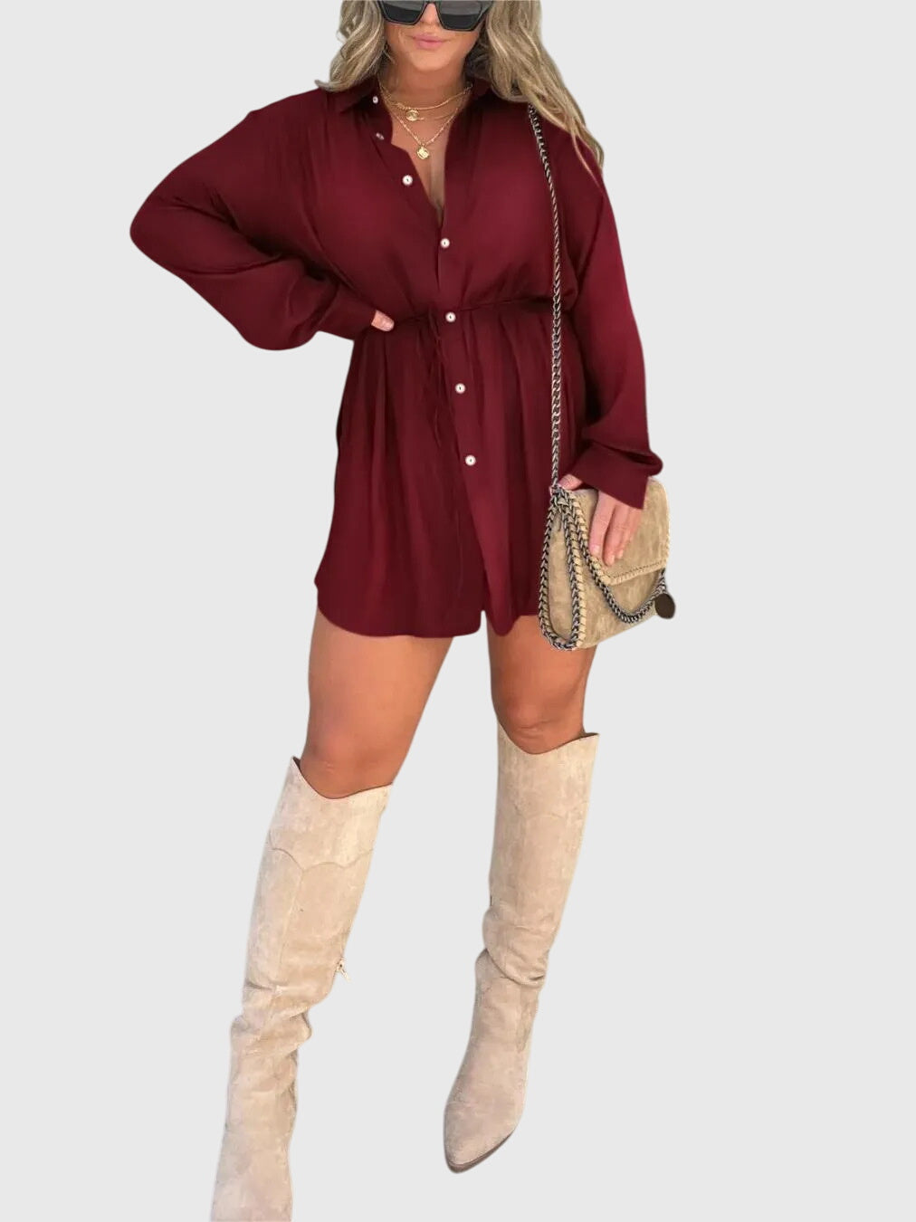 Imogen Sheppard | Burgundy Button-Front Romper Dress with Tie Waist