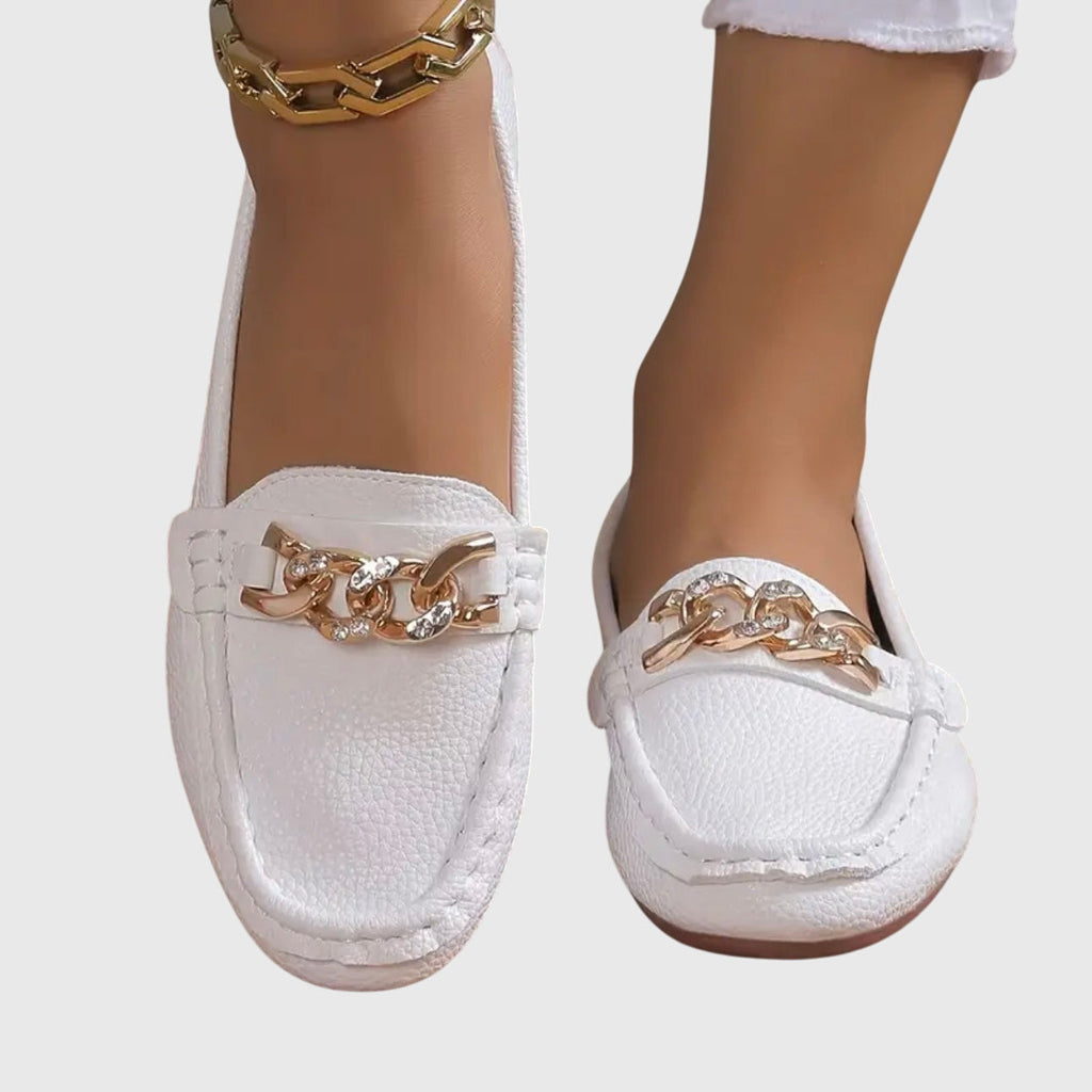Beatrice Fowler | White Leather Loafers With Gold Chain Detail