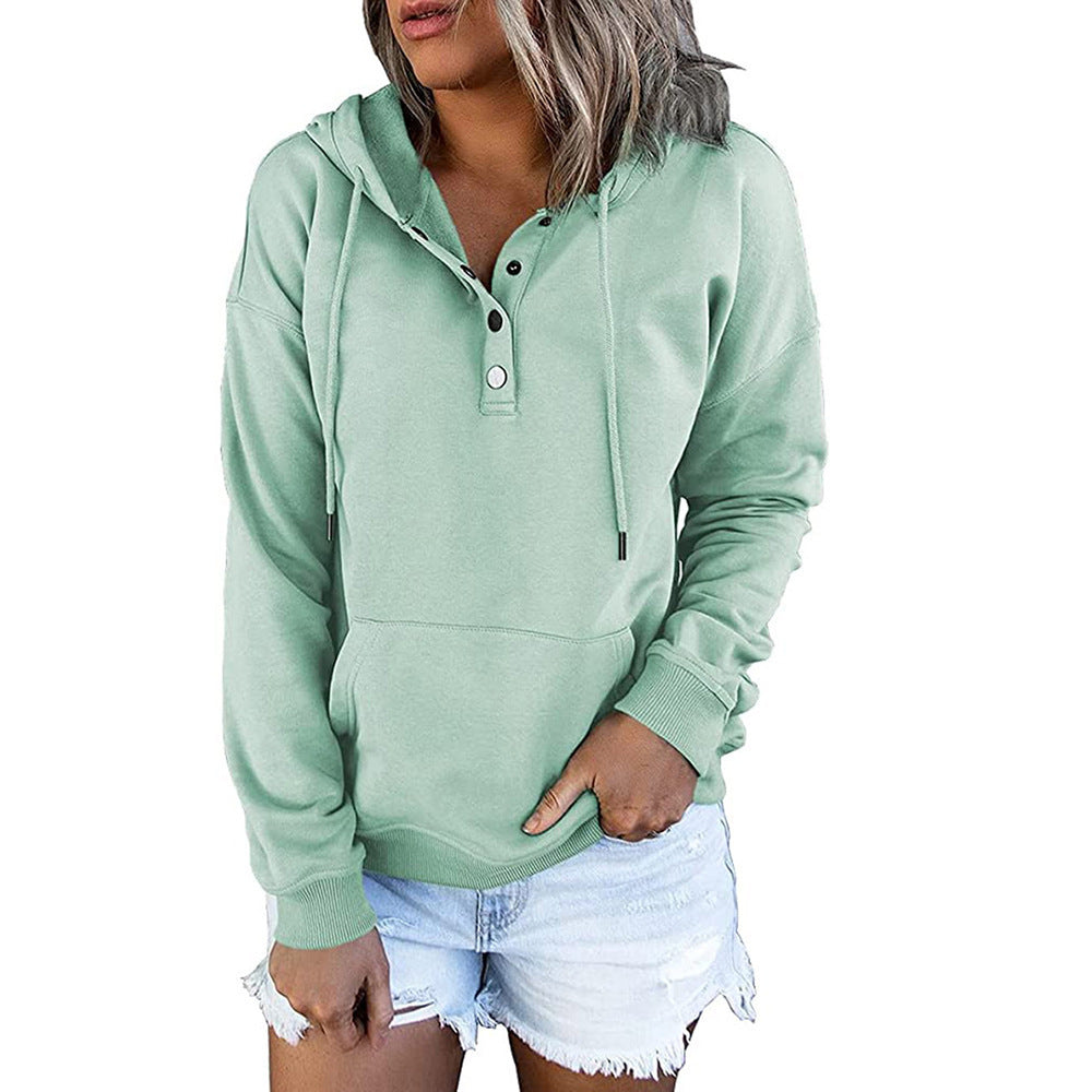 Hattie Marsh | Blue Hooded Button Drawstring Sweatshirt For Women