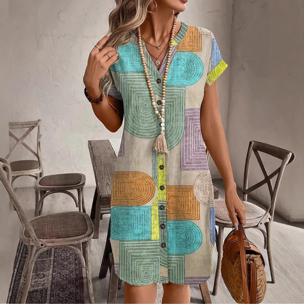 Harriet Landon | Geometric Print Shirt Dress With V-Neck