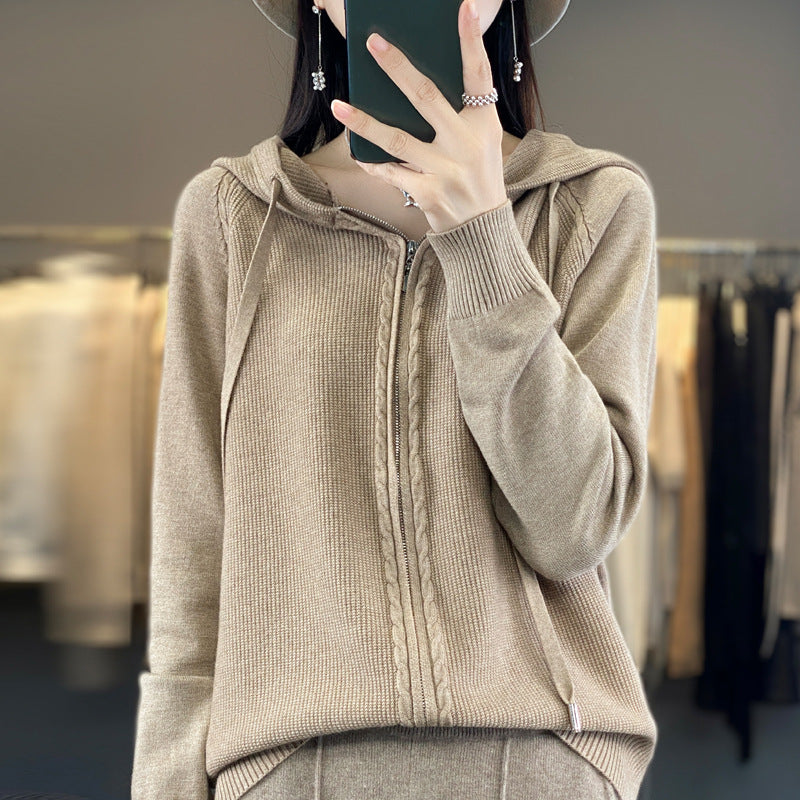 Isla Fenwick | Cable Knit Zip-Up Hooded Cardigan