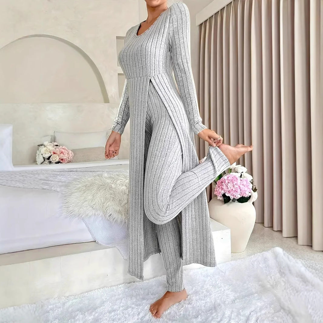 Lavinia Hartwell | Ribbed Knit Split Long Sleeve Two-Piece Set