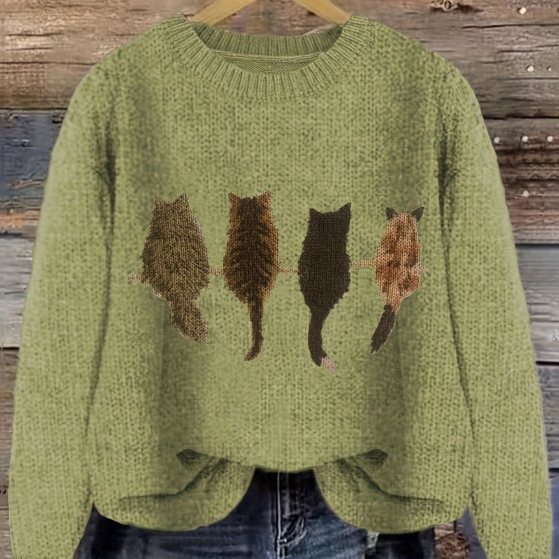 Matilda Green | Cat Print Crew Neck Knit Sweater