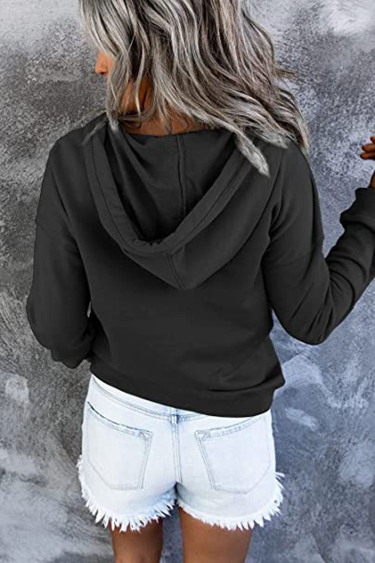 Hattie Marsh | Blue Hooded Button Drawstring Sweatshirt For Women