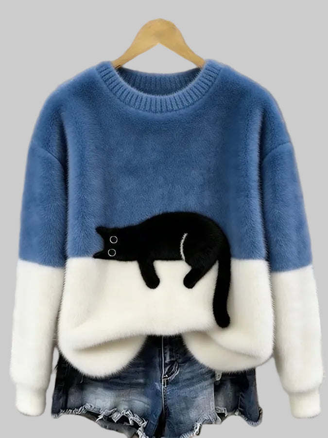 Women's Oversized Cat Print Crew Neck Jumper