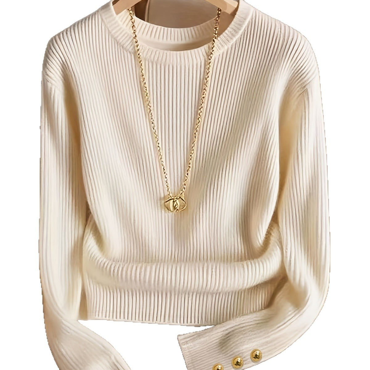 Rosamund Fairweather | Ribbed Knit Long-Sleeve Top with Gold Button Cuffs