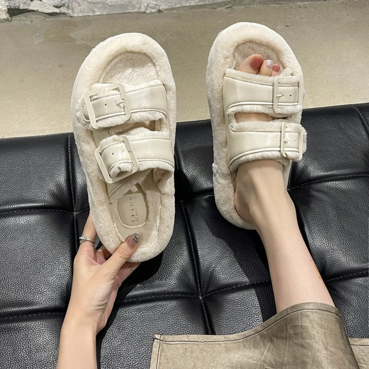 Freya Whitmore | Plush Faux Fur Slippers With Buckle Detail