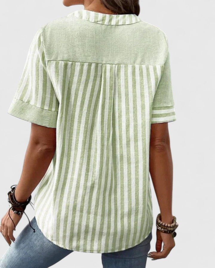 Eleanor Pemberton | Striped Notched-Neck Blouse With Button Detail