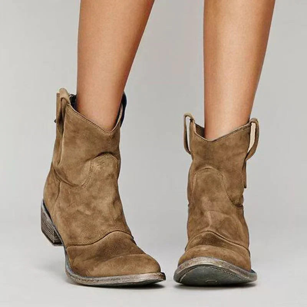 Women's Suede Ankle Boots with Low Block Heel and Side Zip