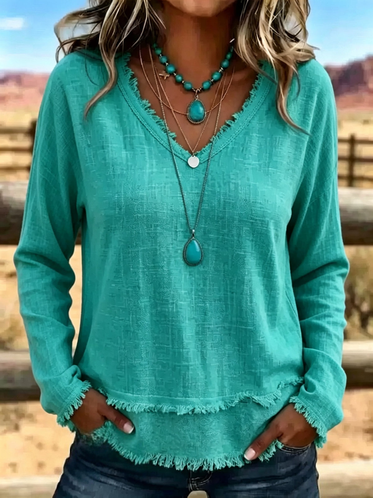 Margot Ainsley | Frayed V-Neck Long Sleeve Top