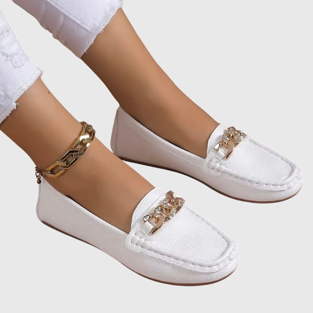 Beatrice Fowler | White Leather Loafers With Gold Chain Detail