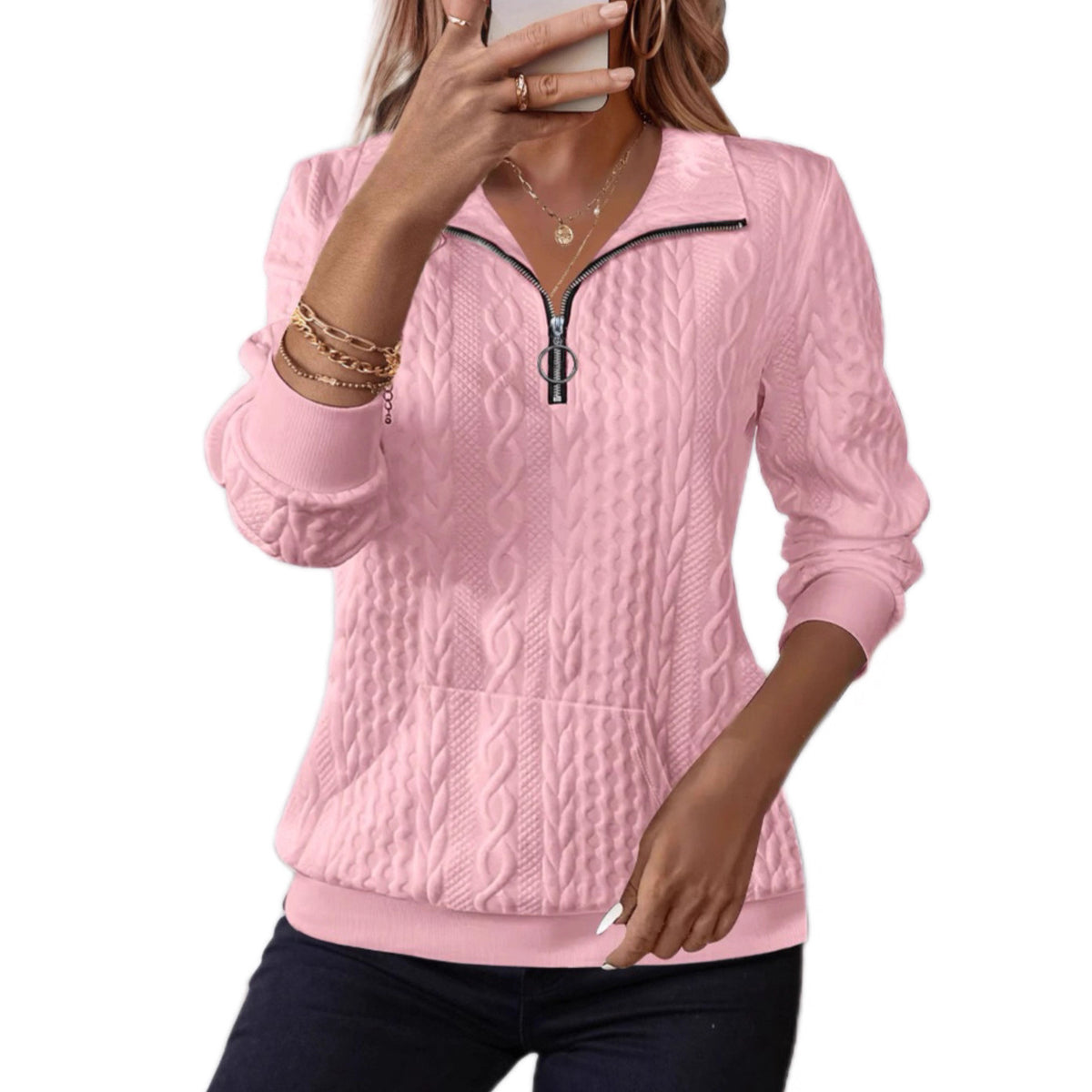 Ophelia Marchbanks | Half-Zip Cable-Knit Pullover with Turn-Down Collar