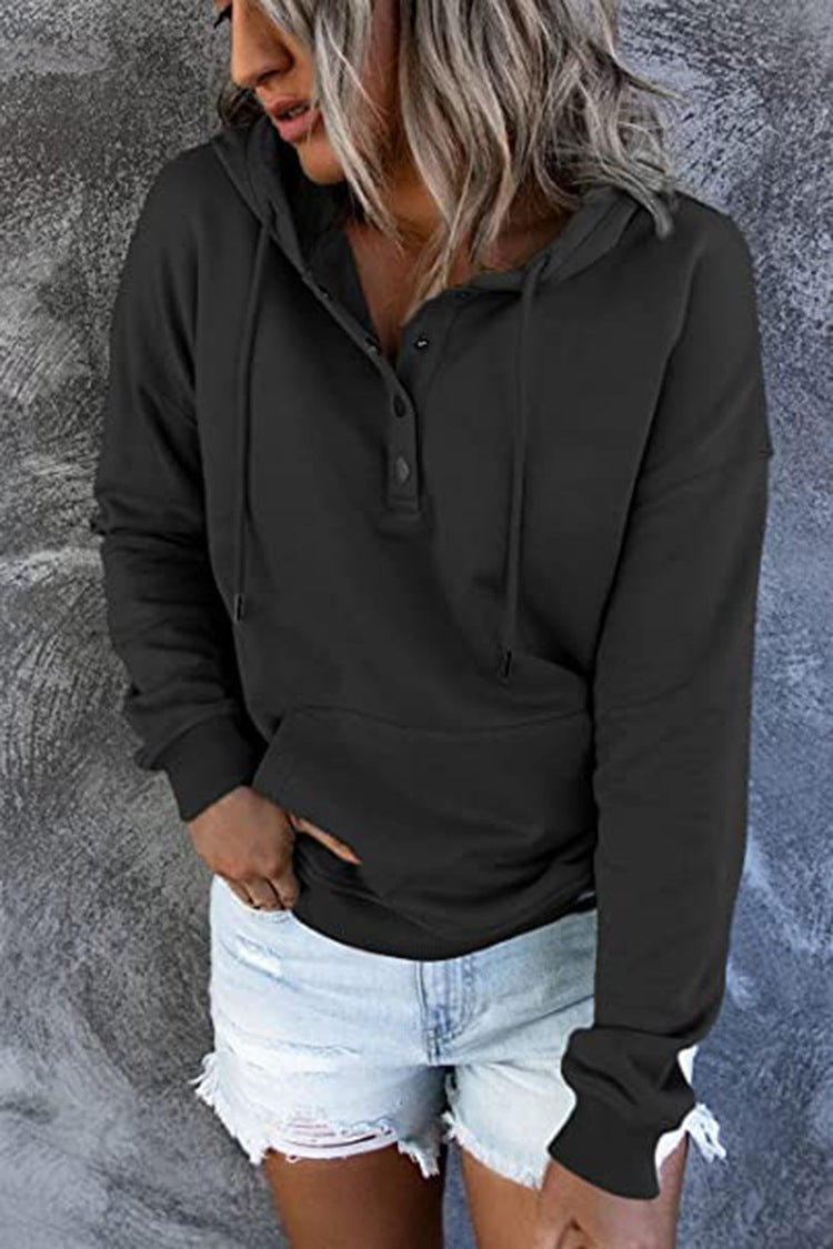 Hattie Marsh | Blue Hooded Button Drawstring Sweatshirt For Women