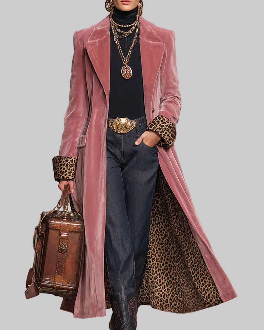 Women's Ankle-Length Tailored Coat with Leopard-Print Lining and Notched Lapels