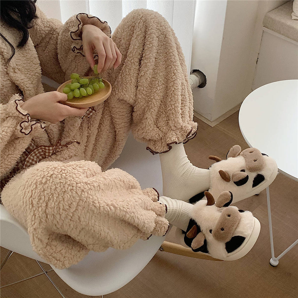 Millicent Hill | Cosy Cow Print Plush Slippers