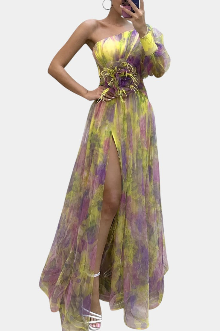 Isadora Blackwood | One-Shoulder Maxi Dress With Floral Appliqué