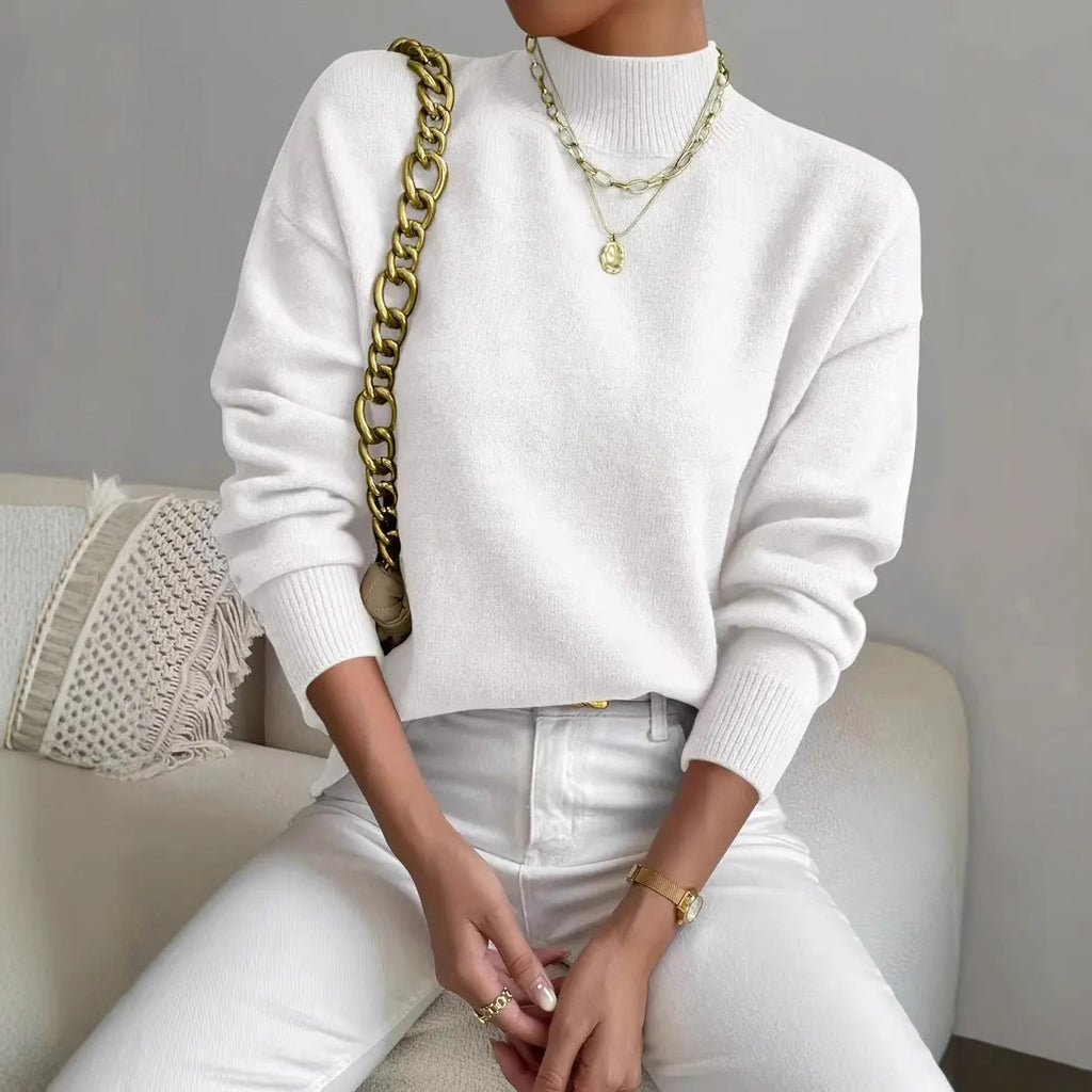 Rosalind Carver | White Mock Neck Knit Pullover Sweater