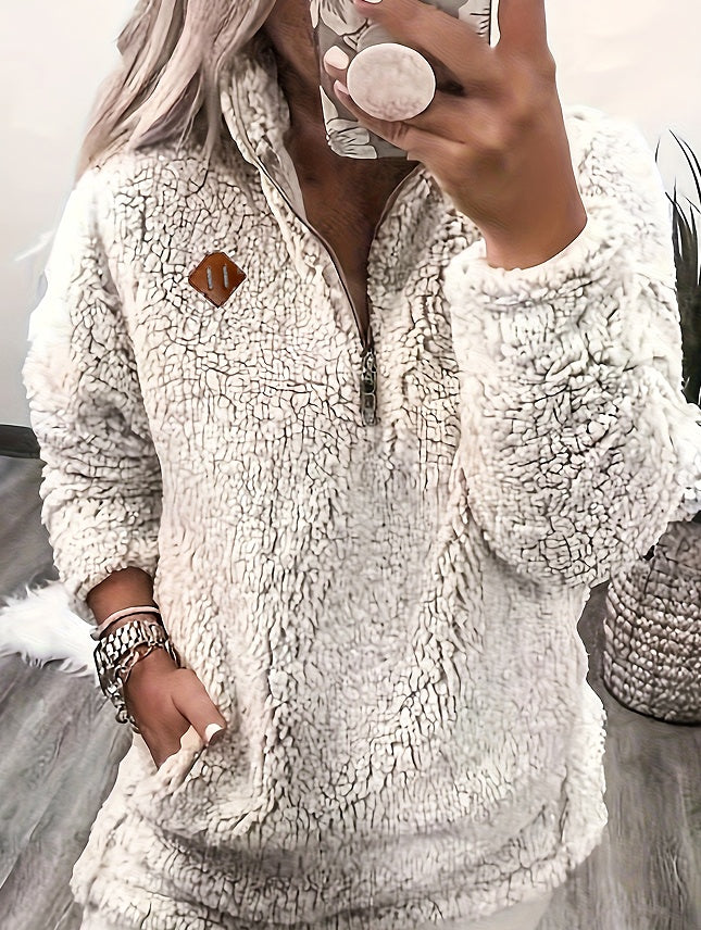 Elspeth Dunbar | White Fleece Half-Zip Pullover Sweater