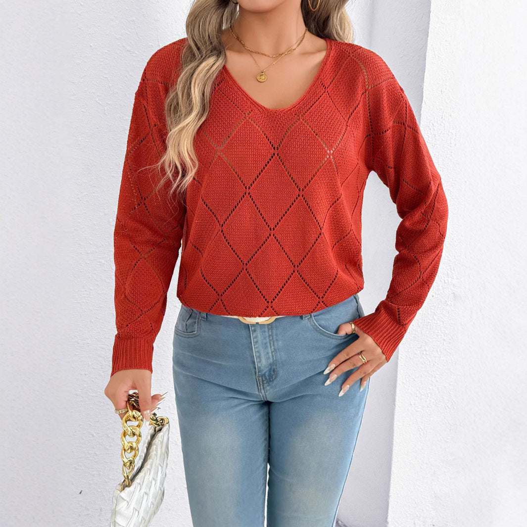 Bridget Whitfield | Orange Crochet Cutout V-Neck Sweater