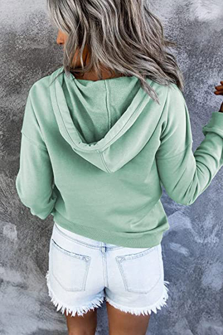Hattie Marsh | Blue Hooded Button Drawstring Sweatshirt For Women