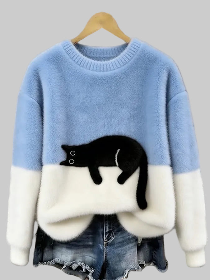 Women's Oversized Cat Print Crew Neck Jumper