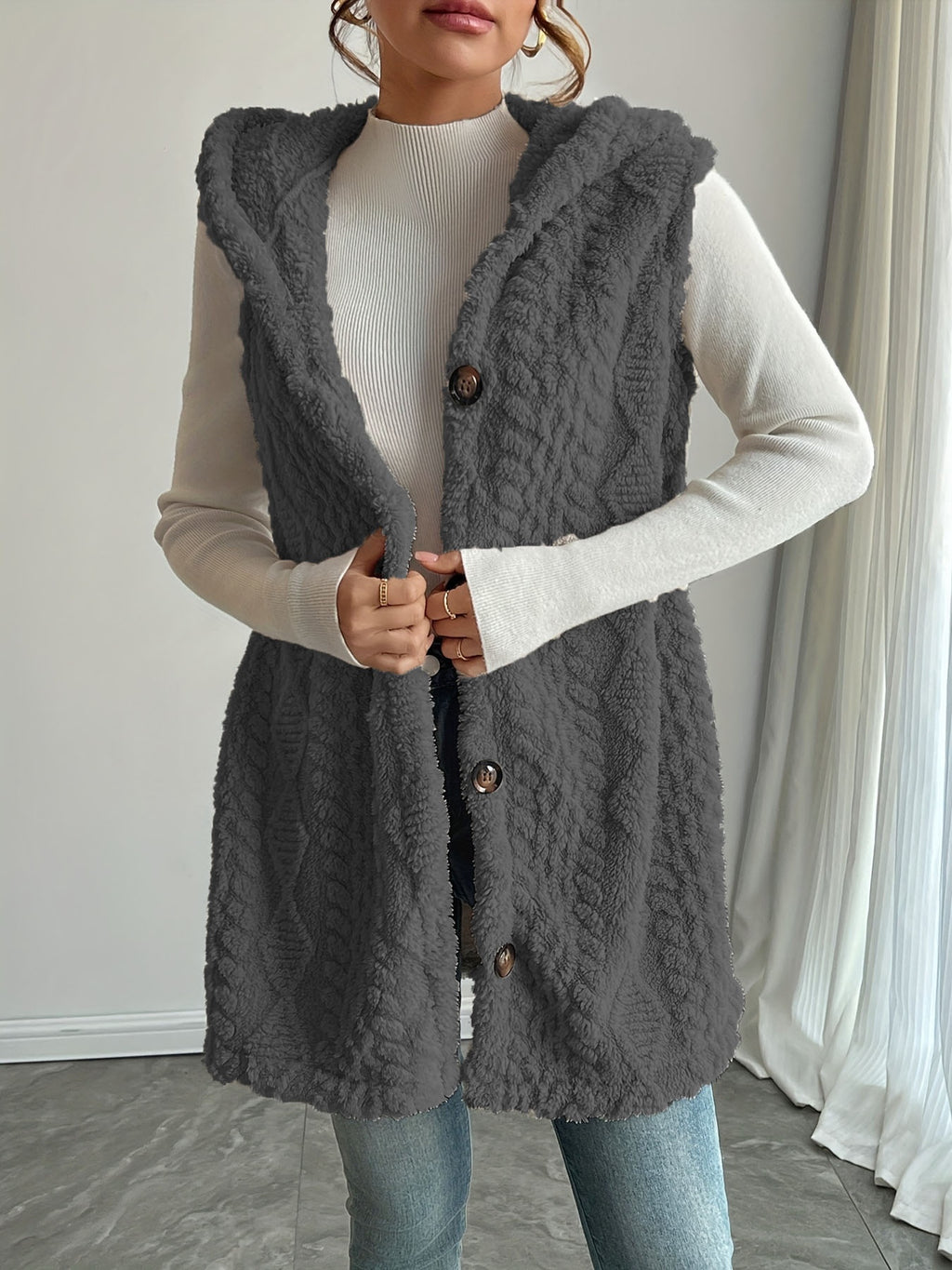 Beatrice Turner | Hooded Faux Fur Cable Knit Vest Cardigan