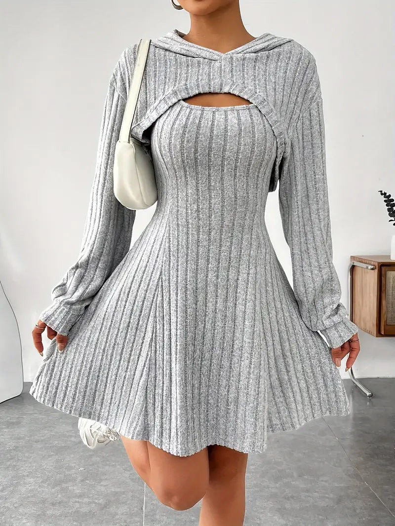 Verity Jones | Ribbed Knit Hooded Mini Dress with Layered Vest