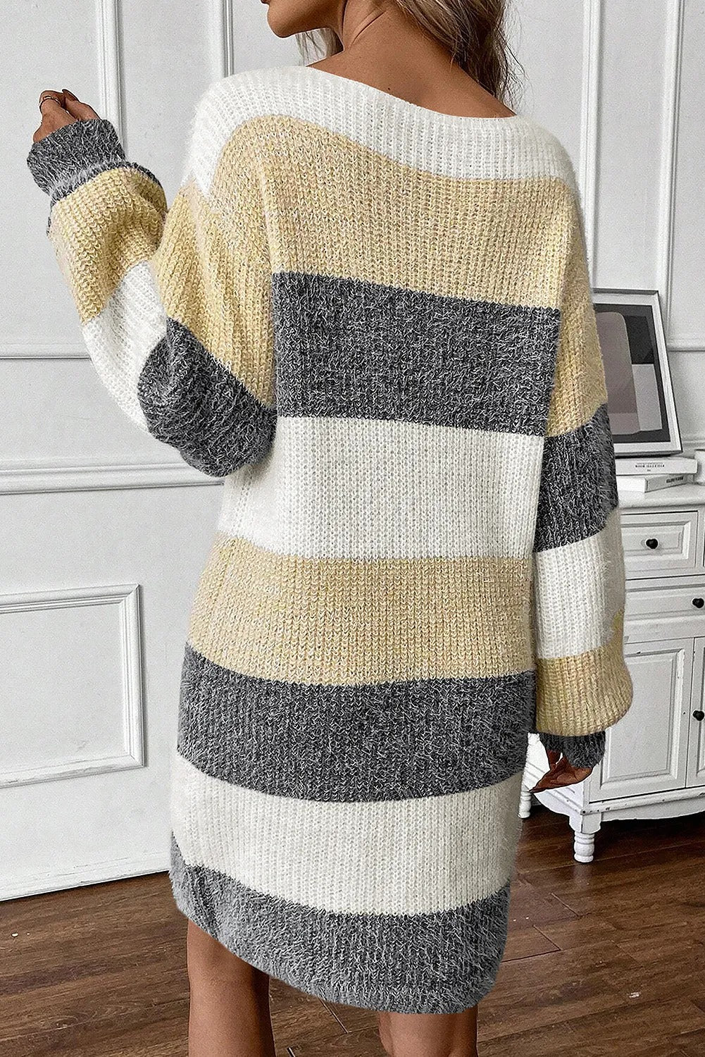 Verity Baker | Grey Striped Colorblock Knit Sweater Dress