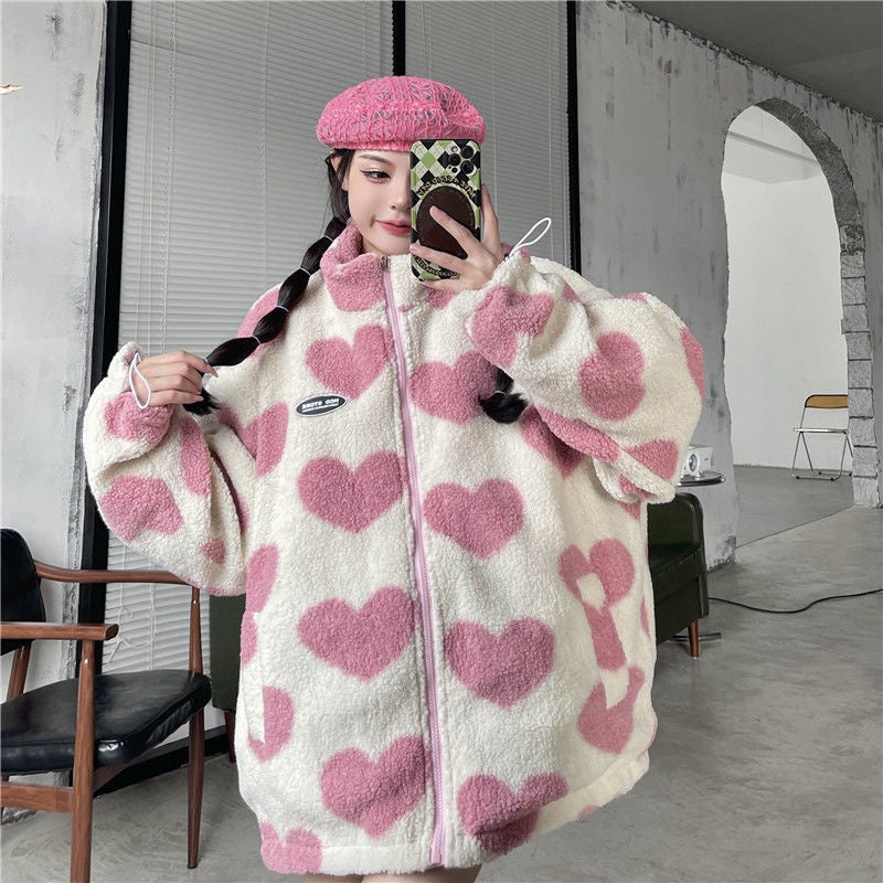 Verity Green | Heart Print Fleece Teddy Coat