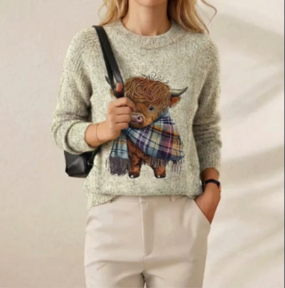 Phoebe Sinclair | Highland Cow Print Chunky Knit Sweater
