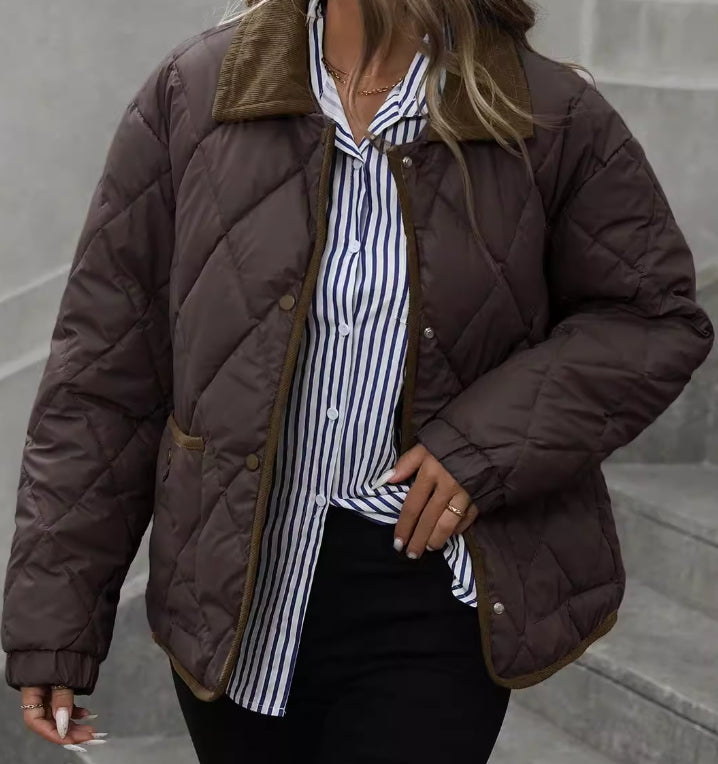 Cecily Evans | Quilted Diamond Puffer Coat with Lapel Collar