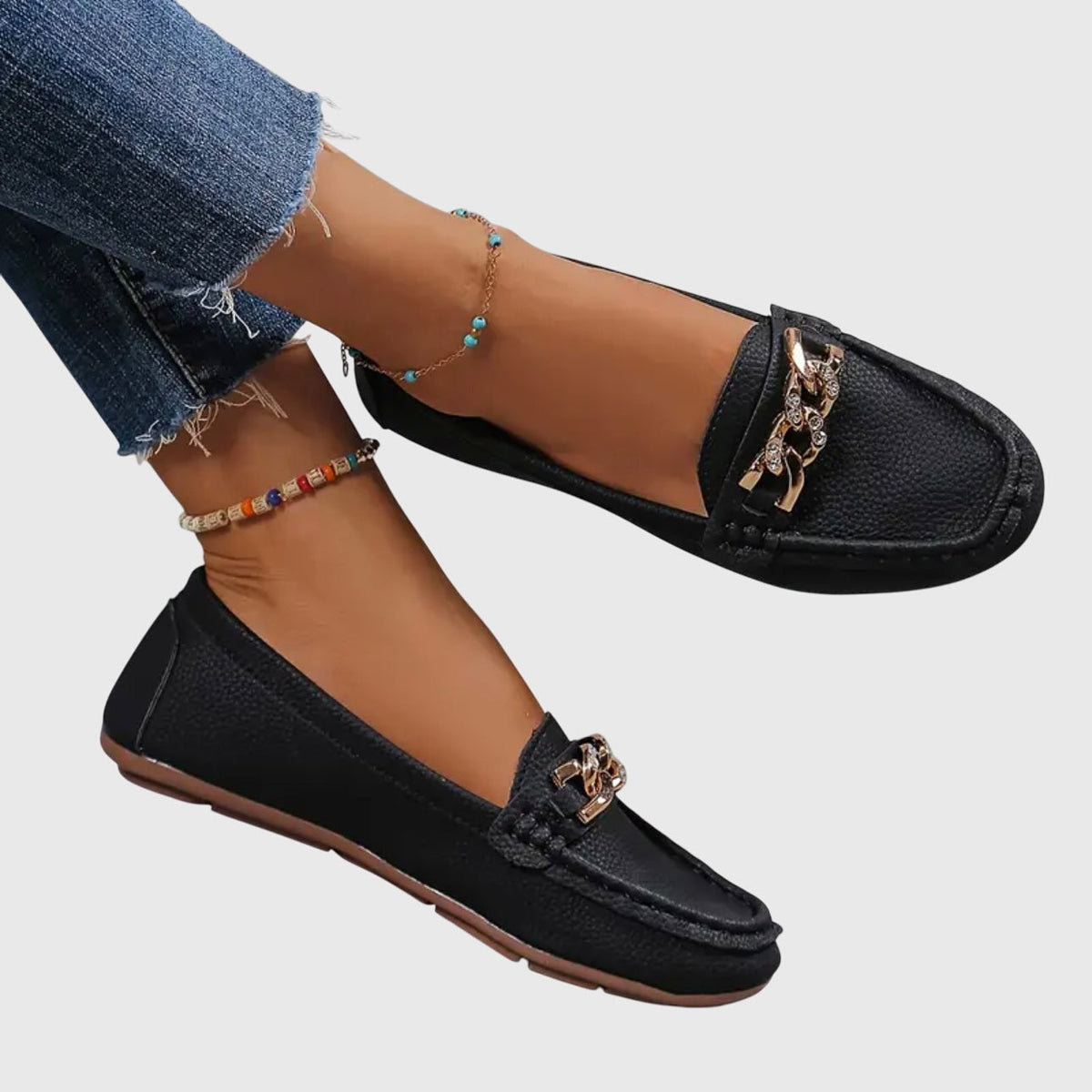 Beatrice Fowler | White Leather Loafers With Gold Chain Detail