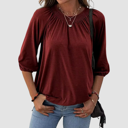 Marianne Osborne | Smocked Round Neck Blouse With Balloon Sleeves