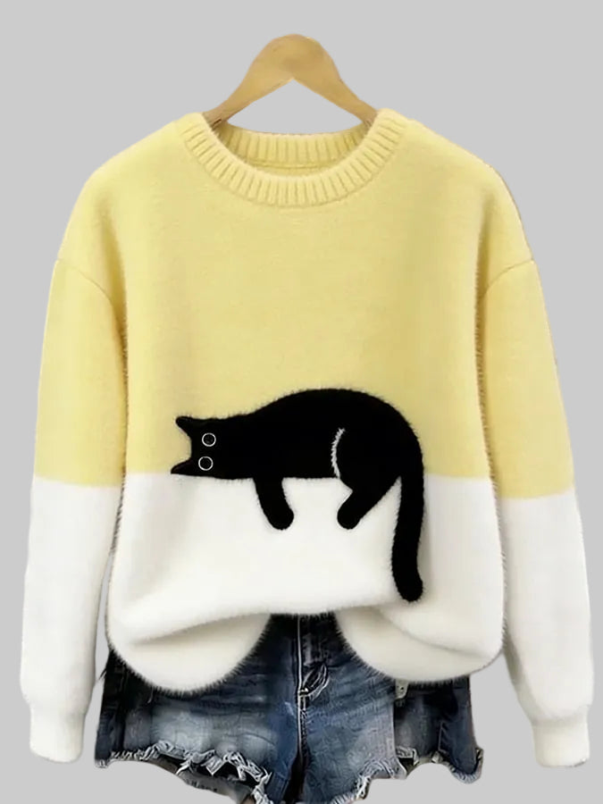 Women's Oversized Cat Print Crew Neck Jumper