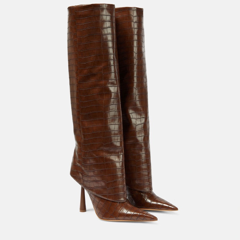Eleanor Pryce | Knee-High Croc-Effect Pointed Toe Stiletto Boots