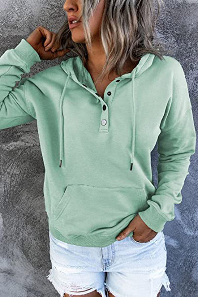 Hattie Marsh | Blue Hooded Button Drawstring Sweatshirt For Women