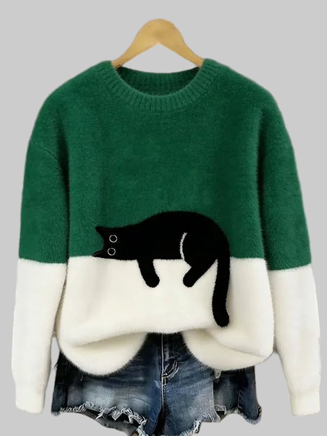 Women's Oversized Cat Print Crew Neck Jumper