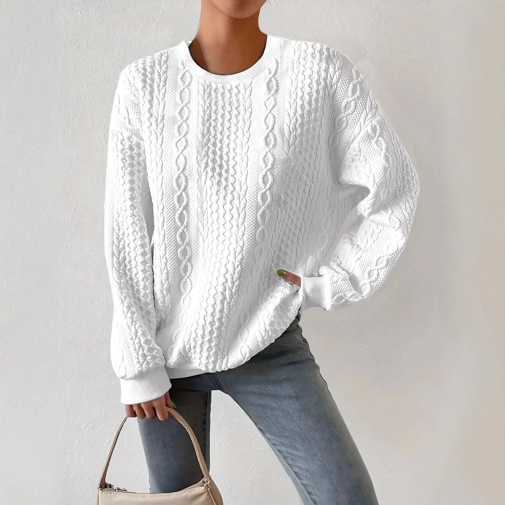 Georgina Wright | White Cable Knit Crew-Neck Sweater