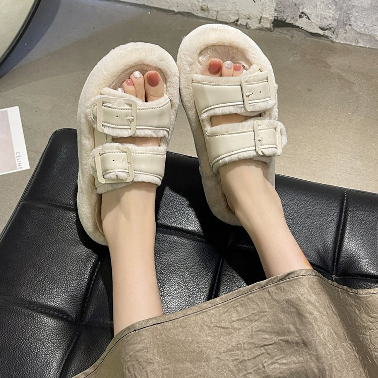 Freya Whitmore | Plush Faux Fur Slippers With Buckle Detail