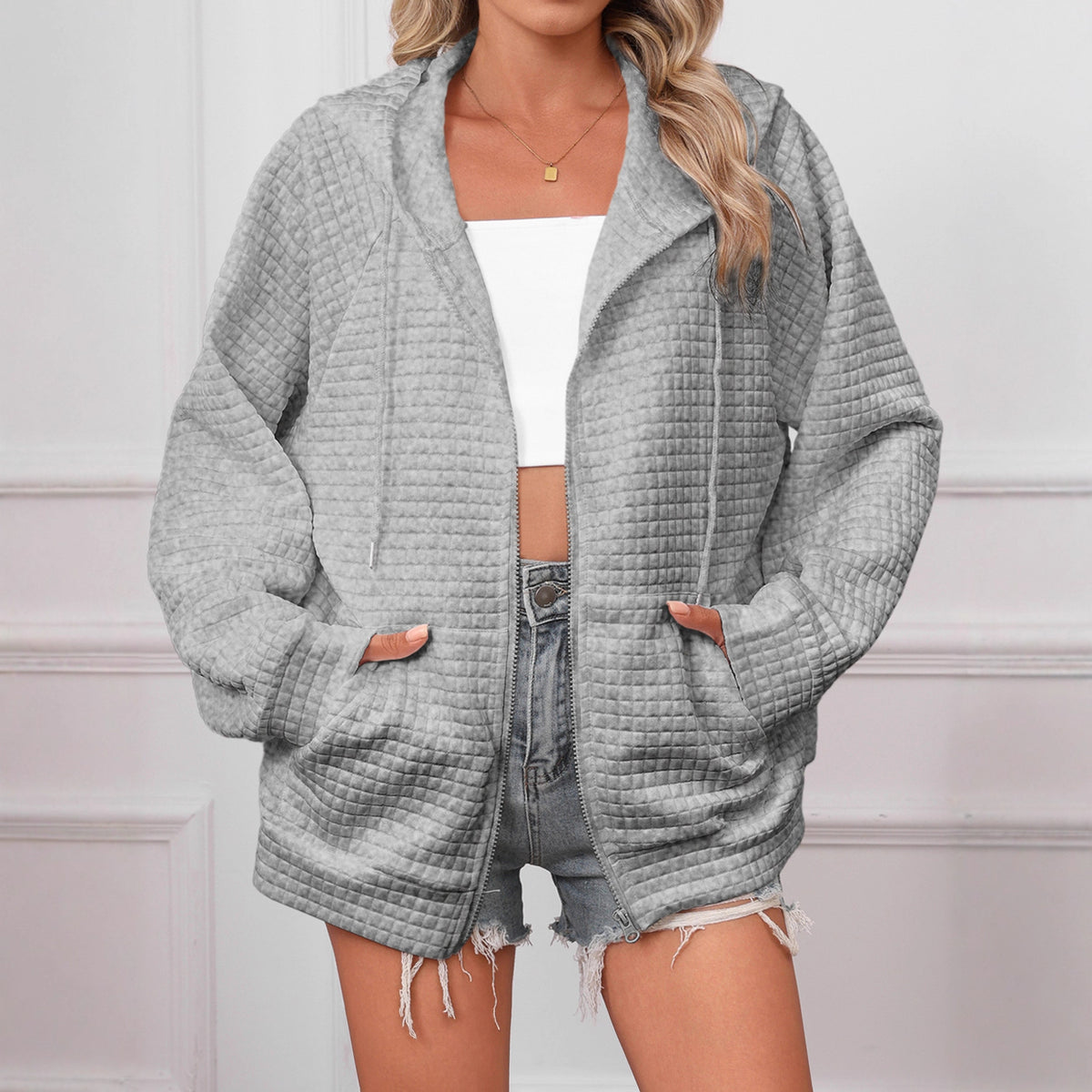 Lucy Barrington | White Textured Zip-Up Hooded Jacket