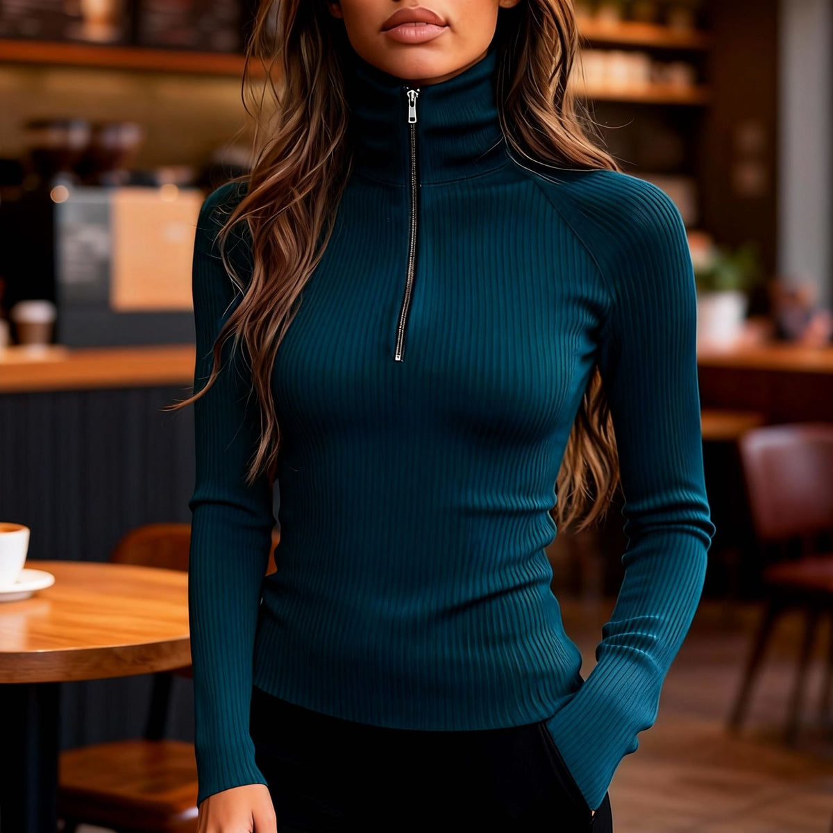 Prudence Kavanagh | Ribbed Zip-Neck Knit Top