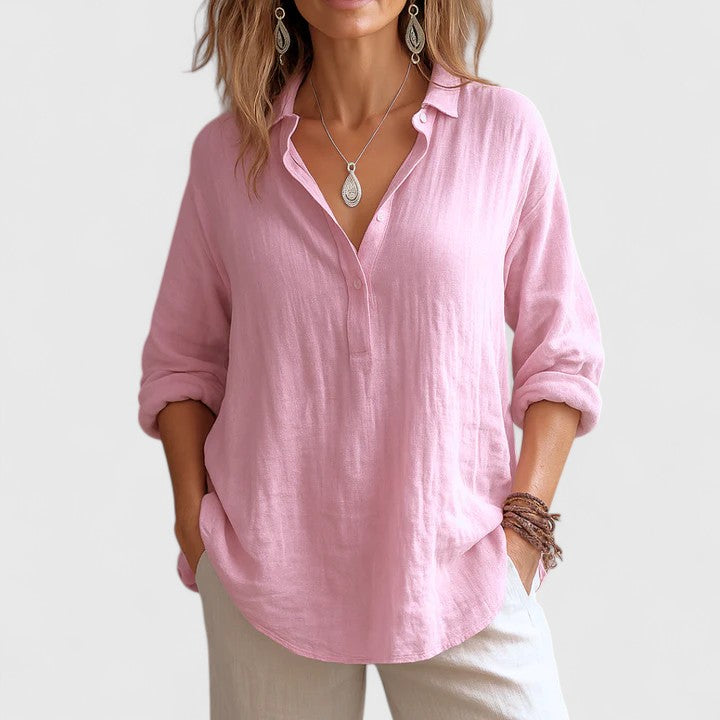 Ophelia Grantham | Pink Linen Blouse With Collared V-Neck