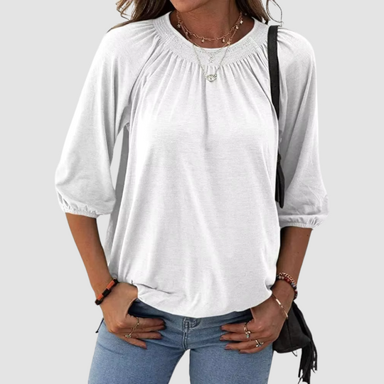 Marianne Osborne | Smocked Round Neck Blouse With Balloon Sleeves