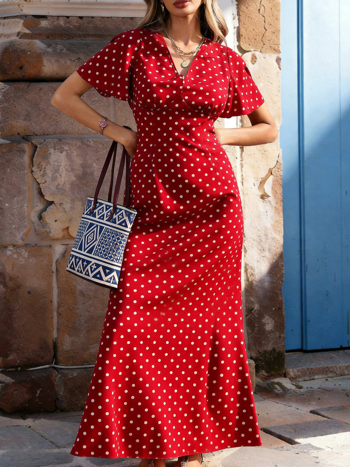 Adeline Marsh | Polka Dot V-Neck Maxi Dress
