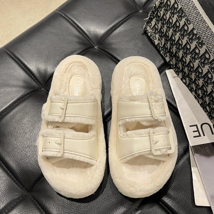 Freya Whitmore | Plush Faux Fur Slippers With Buckle Detail