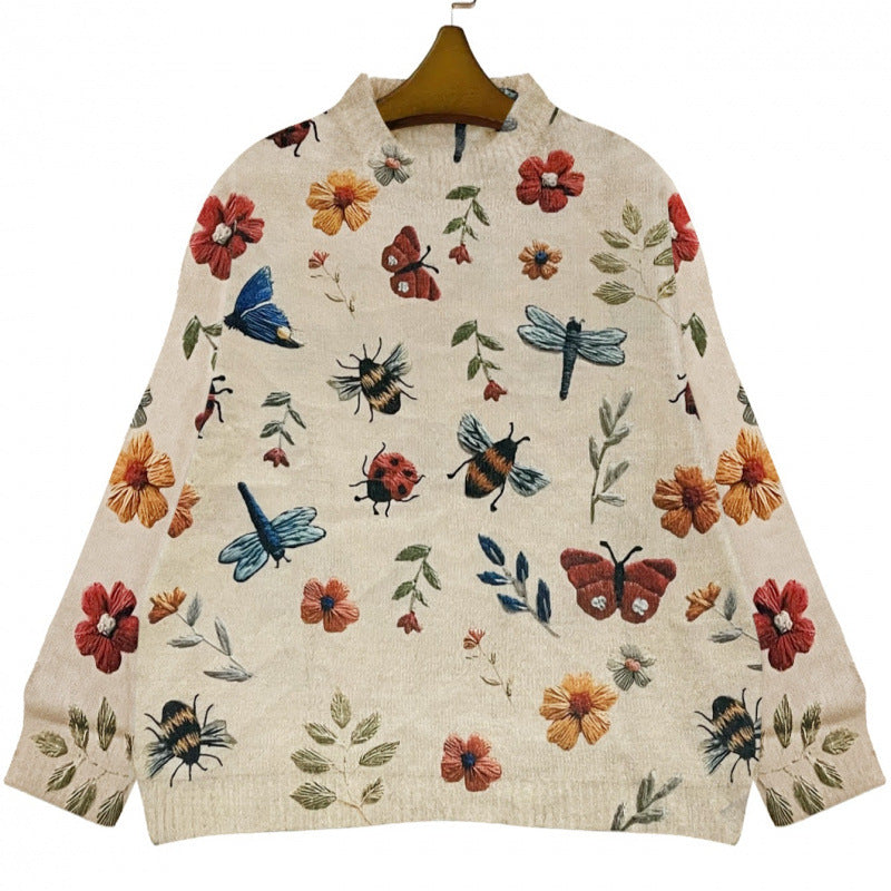 Rosalyn Fairbanks | Embroidered Floral Bug Print Knit Sweater