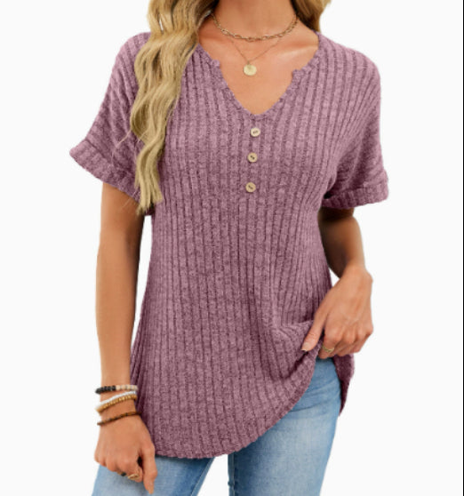 Beatrix Hollingsworth | Ribbed Knit V-Neck Button Top