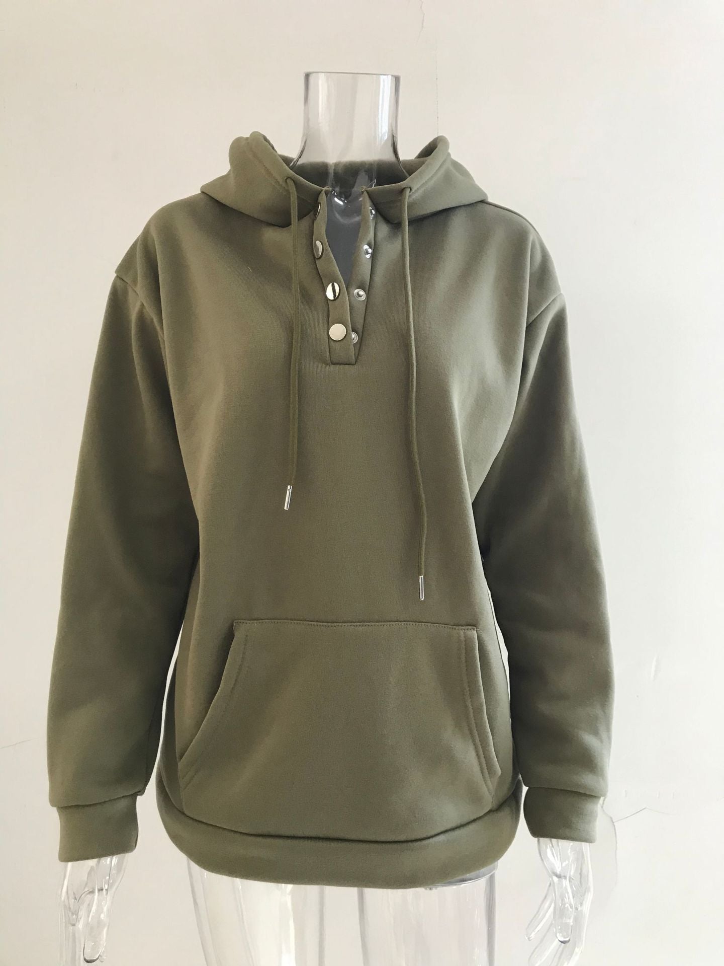 Hattie Marsh | Blue Hooded Button Drawstring Sweatshirt For Women